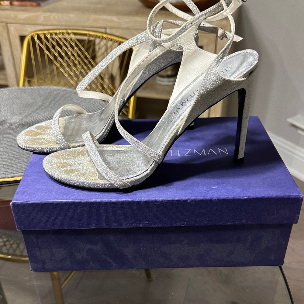 Stuart Weitzman Silver Glitter Open-Strap Slingba… - image 3